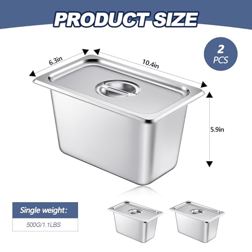Image of Mifoci 2 Pack Stainless Steam Hotel Pan with Lid, 1 /4 Size x 6 Inch Deep, Reusable Anti Rust Steam Pan for Home, Party, Restaurant, Hotel, Buffet