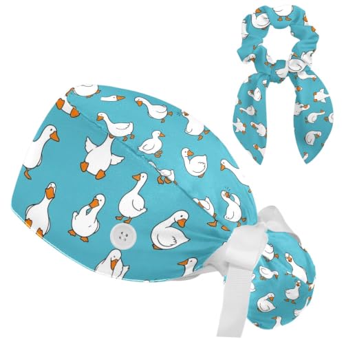 Image of Butterfly Scrub Cap Women with Ponytail & Buttons Adjustable Surgical Nurse Hat with Cotton Sweatband for Long Hair