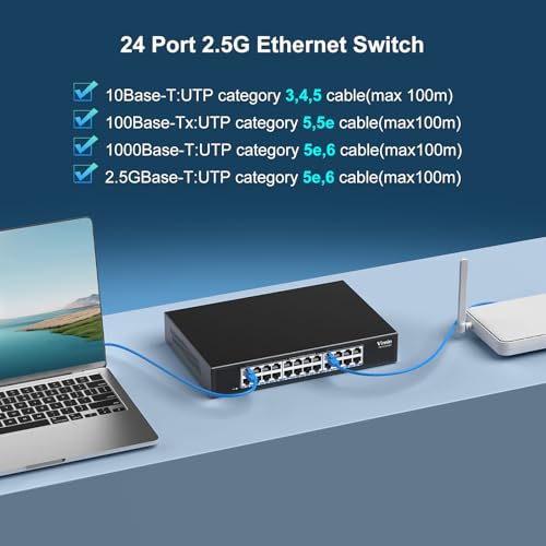 Image of 24 Port 2.5G Switch Unmanaged, Vimin 2.5GB Base-T Ethernet Switch 24 Ports, 2.5Gb Network Switch Plug & Play, Compatible with 10 /100 /1000 /2500Mbps, 120Gbps Switching Capacity, Metal Housing, Fanless