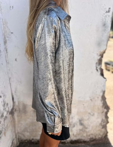 Gihuo Womens' Metallic Button Down Shirts Long Sleeve Sparkly Blouse Shiny Glitter Party Tops Disco Outfits4