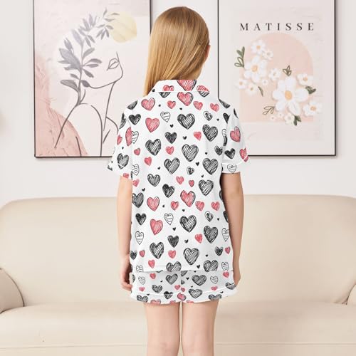 Black Heart Line Pattern Summer Satin Pajama Set, Cute Button-Down Sleepwear Pj Set for Sleep Wears4