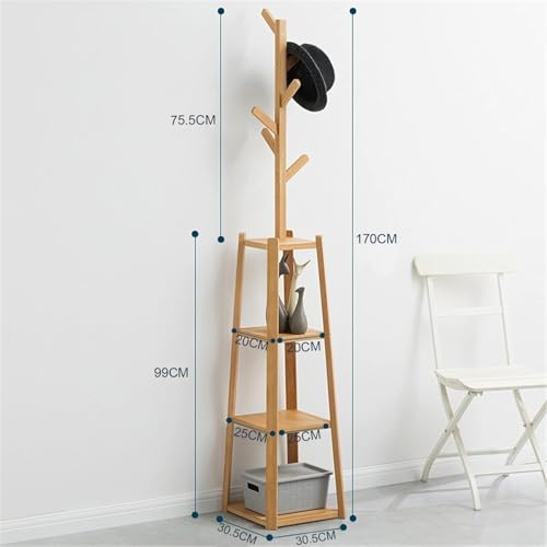 Image of Lukzer Wooden Bamboo Clothes Rack with 6 Hooks & 3-Tier Shelf | Freestanding Coat & Hat Stand | Multipurpose Garment Organizer for Entryway, Bedroom, Living Room, Hallway & Office (171x30cm)
