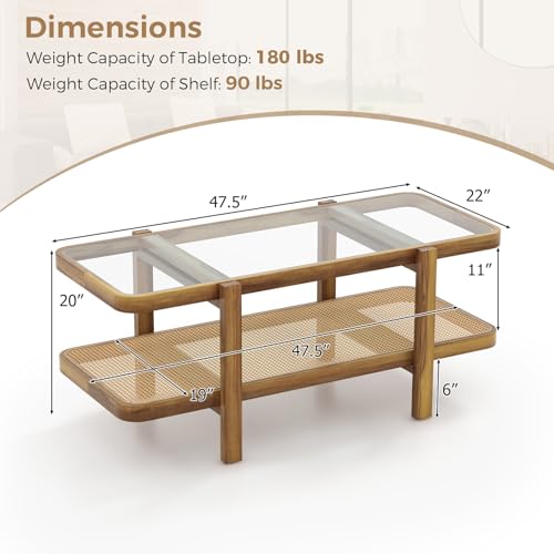 Giantex Boho 2-Tier Rattan Coffee Table with Glass Top & Storage