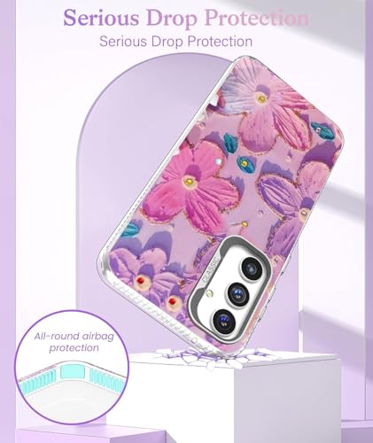 Image of Elzzi Compatible with Samsung S25 Ultra 5G Case Laser Flower Oil Painting Cute Colorful Blue Ray Bumper with Full Camera Protection Shockproof PC+TPU Glossy Shiny Cover for Girls Women,Pink & Purple