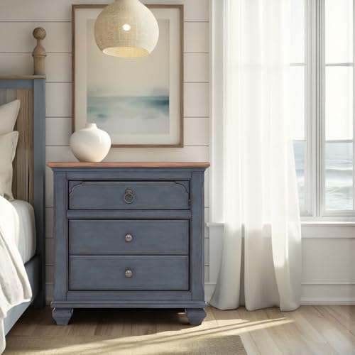 espidoo 3-Drawer Coastal Nightstand Blue: Rubberwood & Birch Veneers - No Assembly Required Bedside Storage - Traditional Style with Antique Pewter Hardware for Bedroom