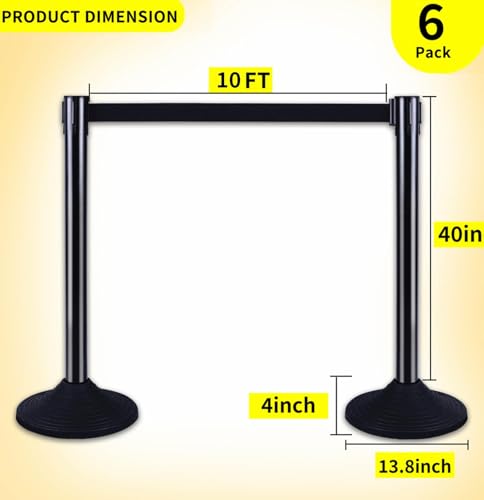6PACK BESEA Crowd Control Stanchions Set Heavy Duty Crowd Control Barriers with 10\' FEET Black Retractable Belt, Rubber Base(6PACK) - Thumbnail 3