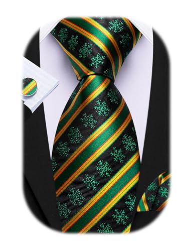 Barry.Wang Christmas Ties for Men Xmas Tie Sets Silk Holiday Necktie Snowflake Xmas Elk Pocket Square Cufflinks Holiday