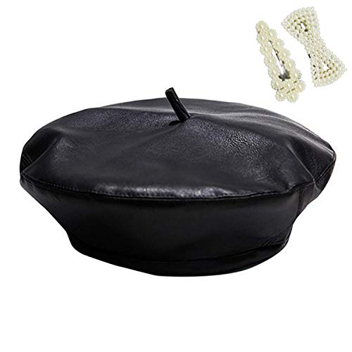 Mingseecess Women Pu Leather French Black Beret Hat Causal Beanie Hat #TOP3