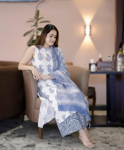 Image of ANNI Designer Women's Viscose Blend Straight Printed Kurta with Palazzo & Dupatta | Sleeveless Ethnic Kurta Set for Women | Casual Office Wear