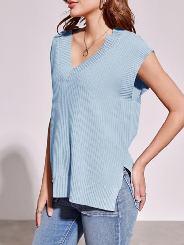 Image of Saodimallsu Womens V Neck Sweater Vest Oversized Ribbed Knit Sleeveless Casual Loose Fit Pullover Tank Top