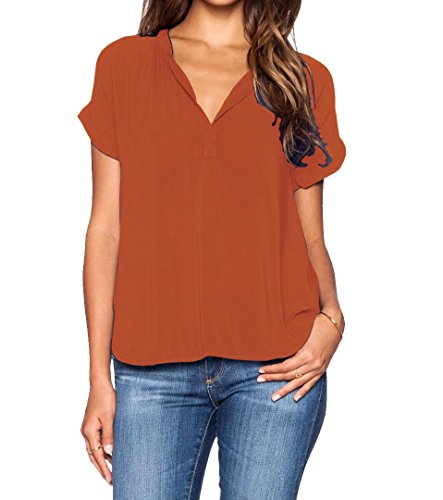 LILBETTER Women Chiffon Blouse V Neck Short Sleeve Top Shirts