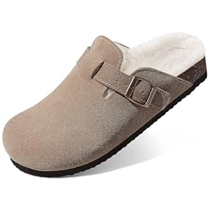 KIDMI Women's Fur Lined Suede Clogs Fuzzy Cork Footbed Mules Slip On Winter Potato Shoes