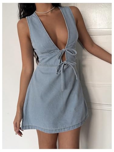 SOLY HUX Women's Denim Mini Dress Deep V Neck Bow Tie Front Sleeveless A Line Summer Jean Dresses4