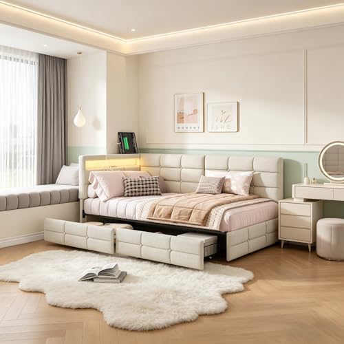 Sofá cama 90 x 200 con 2 cajones, iluminación LED y enchufe, marco de camas 90 x 200 con somier, cama de banquete, cama de 1 plaza para adultos y adolescentes, tejido de lino, beige (sin colchón