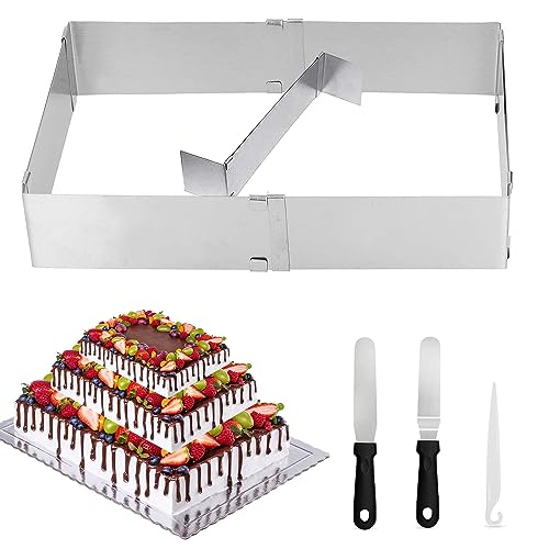 Molde Rectangular, Molde Rectangular Desmontable con Plataforma Angular, Molde Rectangular Ajustable Reutilizable, Molde Rectangular para Pasteles, Tartas, Pizza, Horneado, Bizcocho, Mousse (Plata)