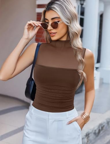 Avidlove Women's Mock Neck Mesh Bodysuit Ruched Tank Body Suits Top Sheer One Piece Going Out Tops Classy Outfits2