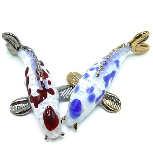 Sansukjai 2 statuette giapponesi a forma di carpa koi, in miniatura, in vetro soffiato a mano, arte da collezione, decorazione (finiture dorate)