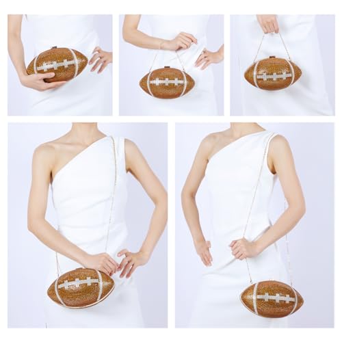Evevictor Rhinestone Football Shaped Rugby Quirky Bag Crystal Cross Body Purse Bling Shoulder Handbag for Women (Brown)