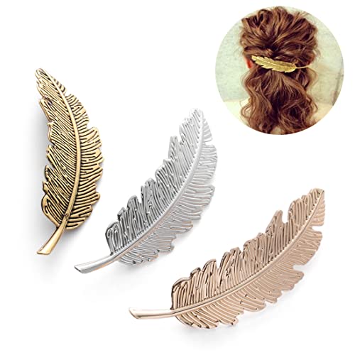 Androxeda 3 Pcs Pinza de Pelo en Forma de Hoja Retro Horquilla Pelo Tocado Lado Clip Pin de Aleación De Plumas Hojas Pasador Garra Accesorios Barrettes (Dorado + Plata + Bronce)