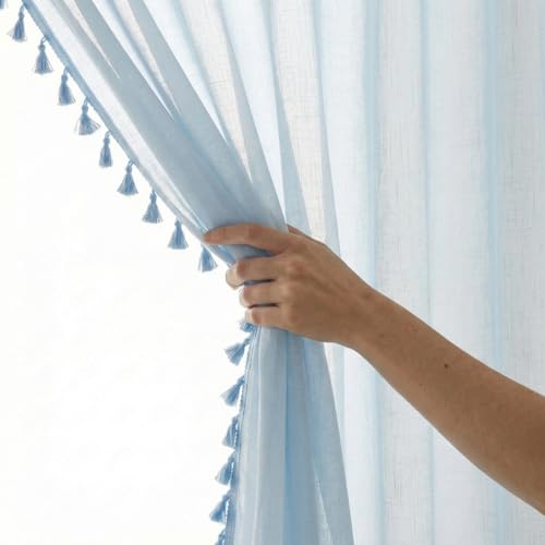 Image of haus & kinder Sheer Door Curtains 7 Feet Long Pack of 2 Door Curtains, 7 Feet Curtains for Door, Light-Filtering & Breathable (Luma Light Blue, 114x213cm)