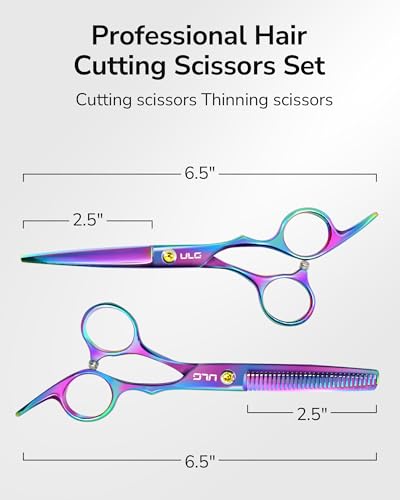 Image of ULG Professional Hair Scissors Kit Right-Hand Razor Edge Barber Scissors Salon Hair Cutting Shears Made of Japanese Stainless Steel, Hand Sharpened 6.5 inch Rainbow