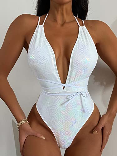 PURFUN 2Pcs Halter Snakeskin One Piece Swimsuit Sparkly Sequins Tassels Set, Women Sexy Deep V Bikini Suit Beach Rave Outfits3