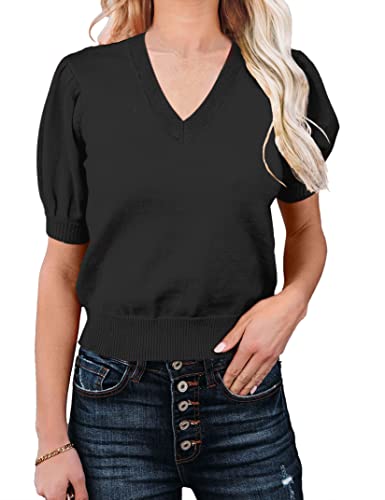Image of Womens Puff Short Sleeve Sweater Tops Crewneck Basic Knit Pullover Lightweight Solid Casual Sweaters