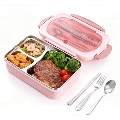 lvifloae portátil compartimentada con aislamiento, caja de acero inoxidable fiambrera termica infantil estudiantes y trabajadores, caja 304, modelo de dos compartimentos, (Rosa)