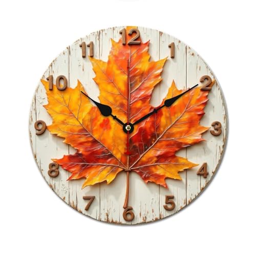 秋色紅葉の壁掛け時計 掛け時計 北欧 壁掛 木製 10in/12in 軽量 部屋飾り 人気 ギフト静音 非電波 読みやすい リビングルーム 寝室 オフィス 30*30cm