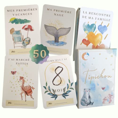 Cartes étape bébé français - coffret de 50 cartes pour album photo souvenir naissance première année fille et garçon - Boite Cadeau naissance ou baby shower original pour future ou jeune maman ou papa Cover