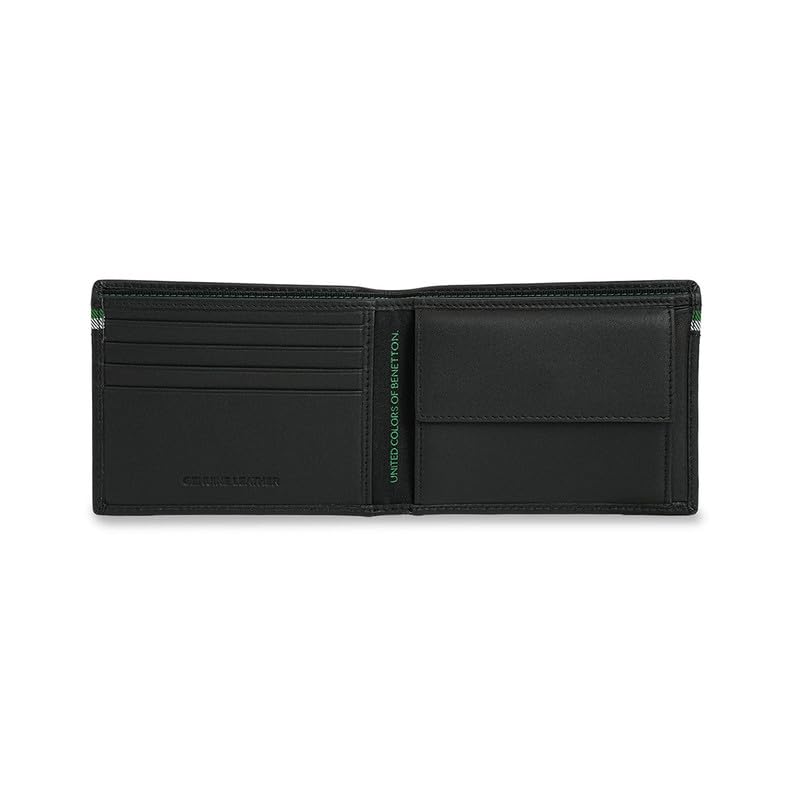 Image of United Colors of Benetton Men's Global Coin Wallet Wiltshire | Black Leather with Signature Tape Inlay | Small Bi-Fold with Coin Pocket | Stylish Purse