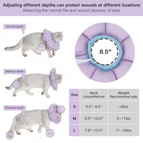 Image of H HIDREAM Soft Cat Cone Collar, Cute Adjustable Cat Recovery Collar,Elizabethan e Collar that can Protect Head and Foot Wounds,Purple Flower All-Season Style