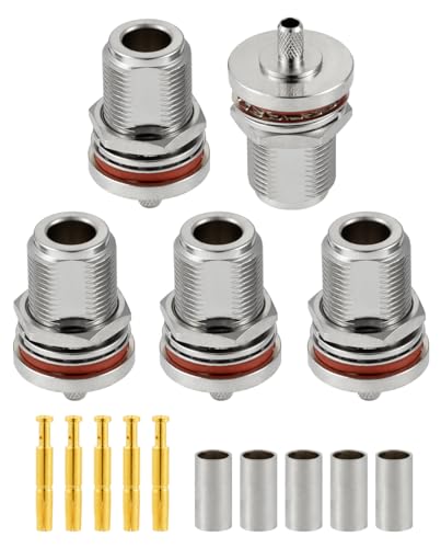 Vecys 5 PCS N Bulkhead Female Crimp RF Connectors 50 ohm N Female Jack RF Coaxial Connector Adapter for RG58 RG400 RF Coax Cable