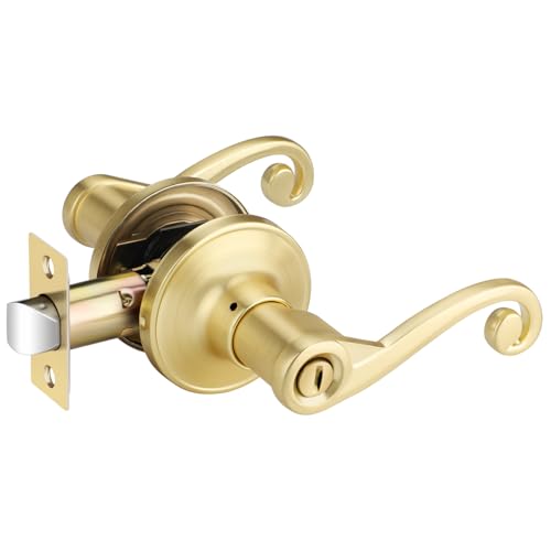 Bonpoly 1 Pack Gold Door Handle, Wave Style Privacy Door Lever(Thumb Turn Inside Lock) for Bedroom Bathroom, Keyless Interior Lever with Satin Brass Finish, Right Handing