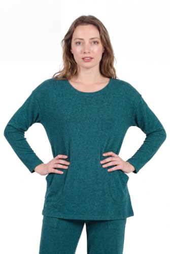 Image of LA CERA Women's Brushed Knit Sweater Top, Long Sleeves, Side Pockets, Round Neck, 80% Rayon, 15% Polyester, 5% Spandex