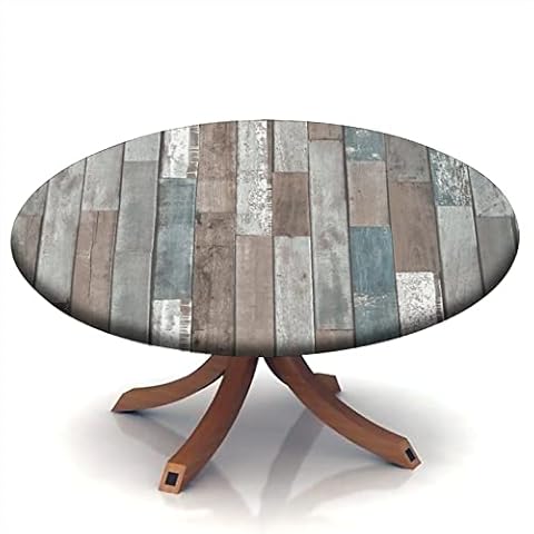 Atury Fitted Polyester Tablecloth Round, Splicing Wood Grain Elastic Edge Home Decor Tablecloths, Waterproof Stain Resistant Table Cover, for Garden Patio Picnic Tablecloths, Fit for 24" Round Table Cover