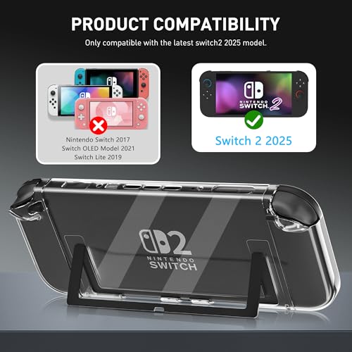 Image of RHOTALL Slim Clear Case for Nintendo Switch 2 2025, Hard PC Crystal Protective Dockable Transparent Shell Cover with Tempered Glass Screen Protector for Switch 2 7.9 Inch, 4 Thumb Caps