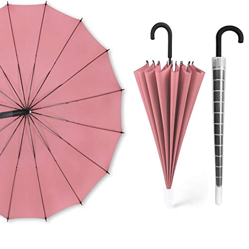 撥水カバー付き 傘 長傘 16本骨 メンズ ワンタッチ 自動開け ジャンプ傘 紳士傘 ゴルフ用 雨傘 撥水カバー付き ステッキ傘 エチケット用 丈夫 耐風 撥水 梅雨対策 軽量 大型 大きな傘 男性 通勤 通学 ビジネス (ピンク)