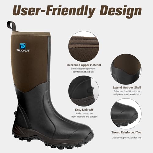 Rubber Boots for Men & Women with Steel Shank, Reliable 6mm Neoprene Waterproof Insulated Rain Boots, Warm Anti-slip High Traction Multi-season Dry Mud Boot for Outdoor Work Hunting, Size 5-143