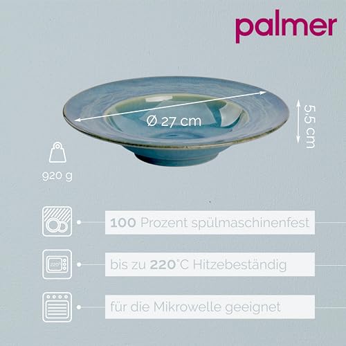 palmer Miami tiefe Teller - 2er-Set - Steinzeug - Ø 27 cm - grün blauer Ton - für Pasta, Suppe oder als Servierteller - stapelbar, spülmaschinenfest
