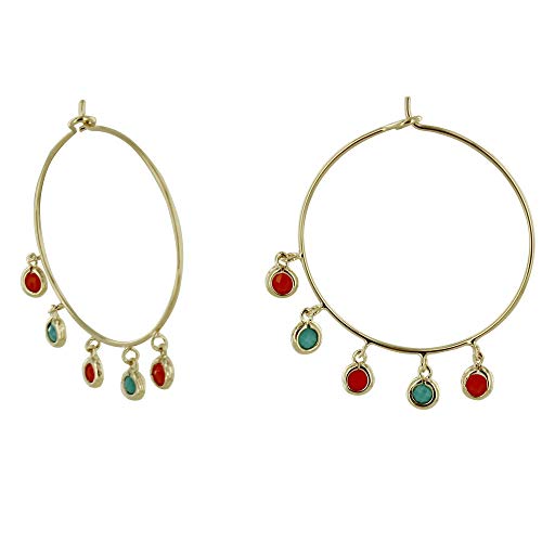 Boucles d'Oreilles Plaqué Or Créoles Breloques Corail Turquoise pour femme tendance