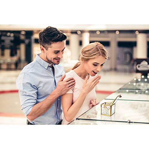 Designster Glass Ring Bearer Gift Box With Pearls - Small Antique Gold Brass Lace Jewelry Organizer/Vanity Necklace Display Storage Decorative For Dresser, Drawer, Countertop #TOP6