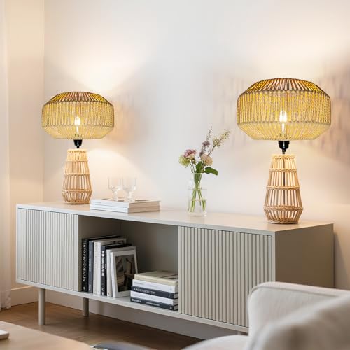 Image of Hanging Light Rattan Lamp Shades Boho Lamp Shades, Woven LampShades for Floor Lamps Rattan Pendant Lights Boho Lamp Light Table Lamps Plug in Pendant Light