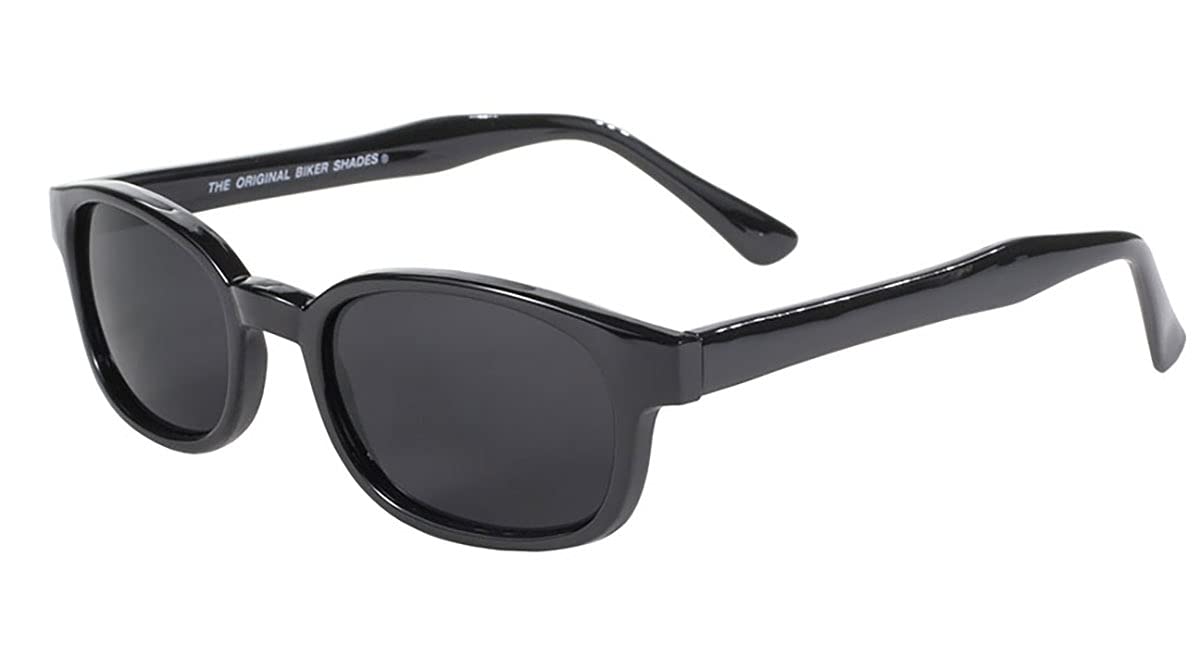 KDS - Occhiali da sole da motociclista, montatura nera, lenti grigie molto scure, lunghe braccia sottili speciali casco
