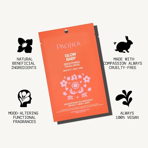 Pacifica Sheet Face Mask - Glow Baby Brightening Facial Mask w/Vitamin C, Aloe & Kelp – Cooling Mask for Dark Spots & Fine Lines - Clean Beauty Vegan & Cruelty-Free Dermatologist Tested