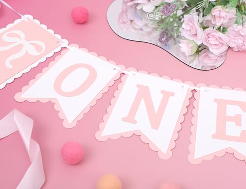 Image of Bow First Birthday High Chair Banner - Pink Bow 1st Party Decoration,Coquette First High Chair Banner,Coquette One Birthday Photo Prop(bow first)