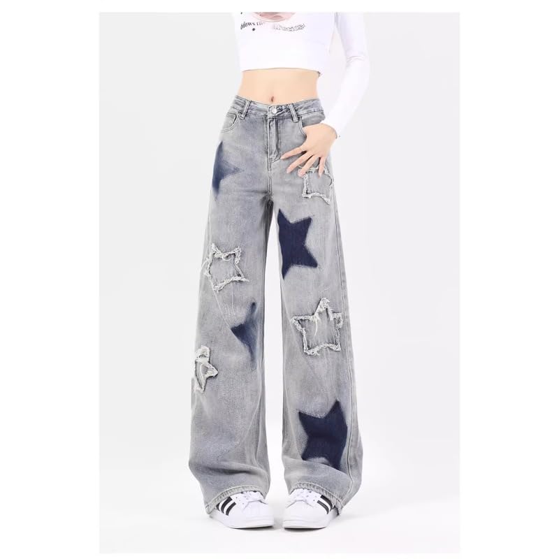 Women's Y2K Vintage Denim Pants Goth Cyber Punk Star Patchwork Jeans Fairy Grunge Harajuku High Waist Wide Leg Trousers2
