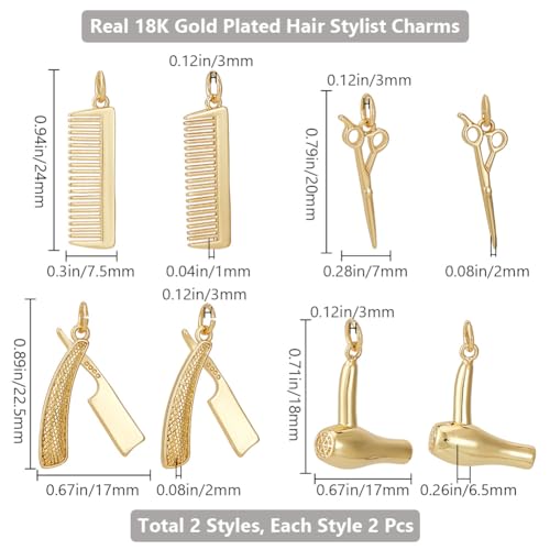 Beebeecraft 1 Box 8Pcs Hair Stylist Charms 18K Gold Plated Brass 4 Styles Scissor Comb Hairdryer Tools Charm for Haircut Theme Jewellery Making - Image 2