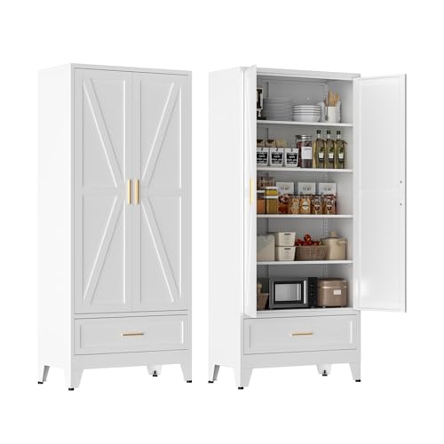 Image of LCAOPC 71 inch Tall Metal Pantry Storage Cabinet with Drawer and Adjustable Shelves, Freestanding Kitchen Cupboard Storage Cabinet for Kitchen,Dining Room, Living Room, White