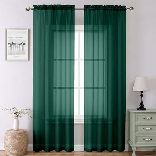 Lecloud Hunter Green Sheer Curtains 90 Inches Long 2 Panels,